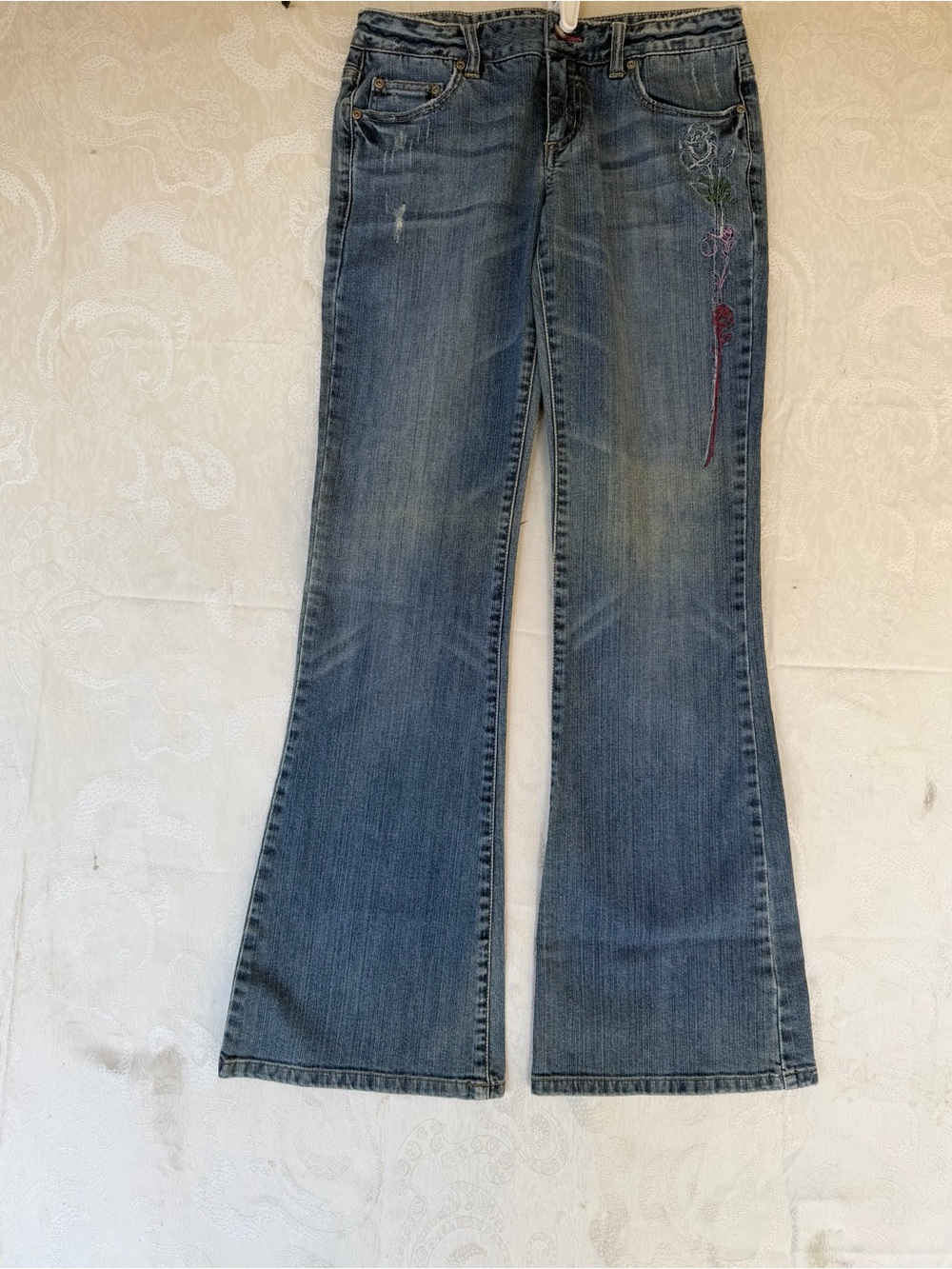 Jade Blue Denim Flare Jeans with Floral Embroidery